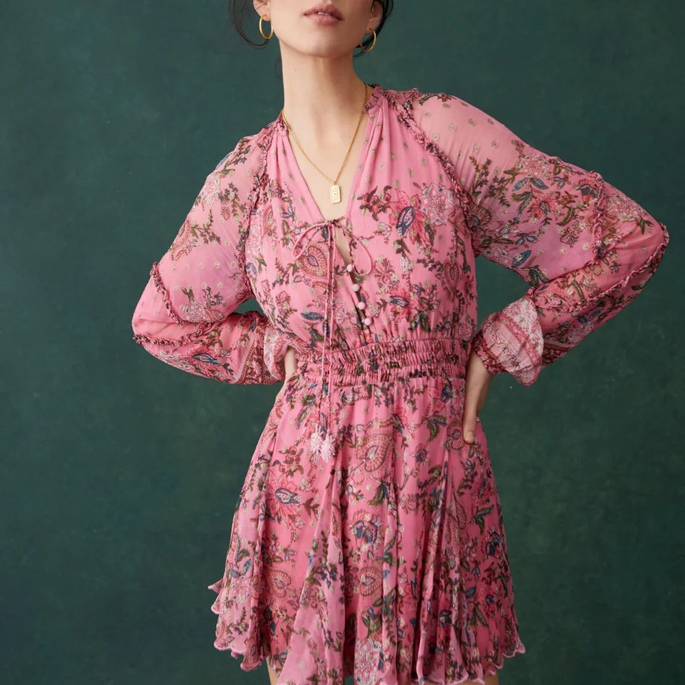 HEMANT & NANDITA Pink Long Sleeve V-Neck Sundress